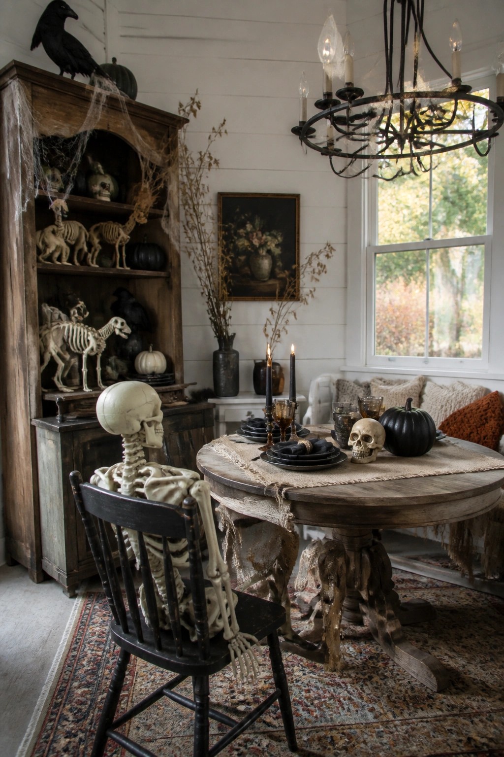 A skeleton seated in a chair at a round wooden dining table set with black plates, black candles, and a skull, with additional skeletons visible in the background cabinet.