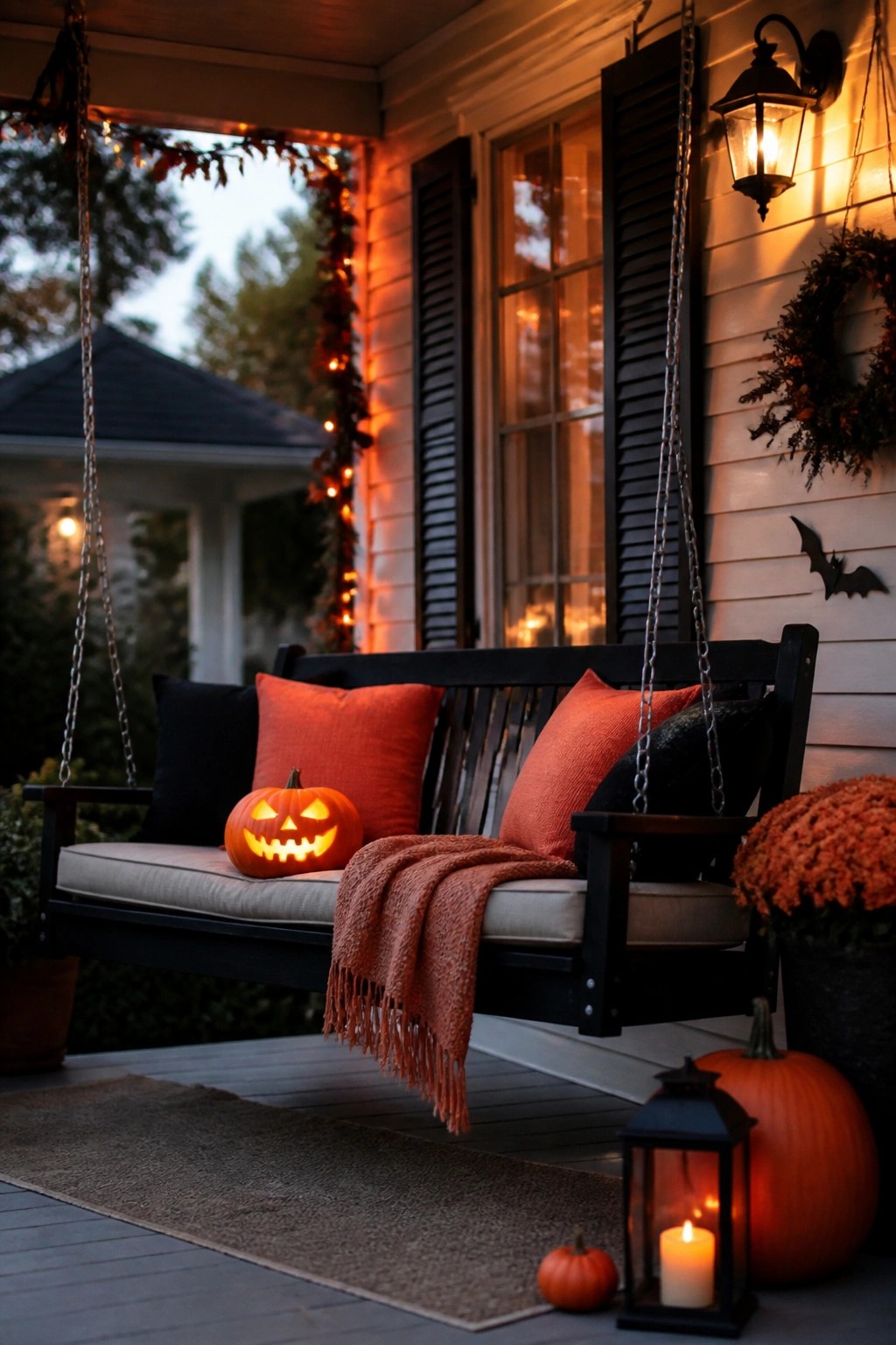 Cozy Halloween porch swing with glowing jack-o'-lantern, orange pillows, blanket, and candle lantern.