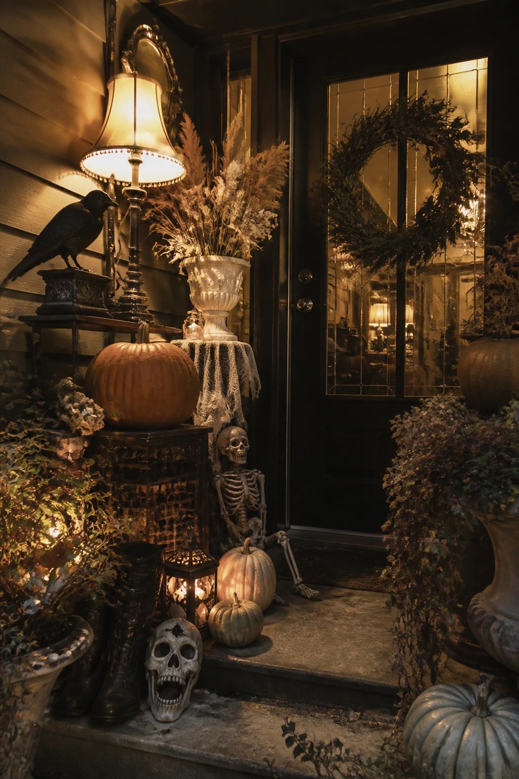 Front entry with a skeleton seated on the steps beside pumpkins, skulls, lanterns, and a black crow near a dark door.