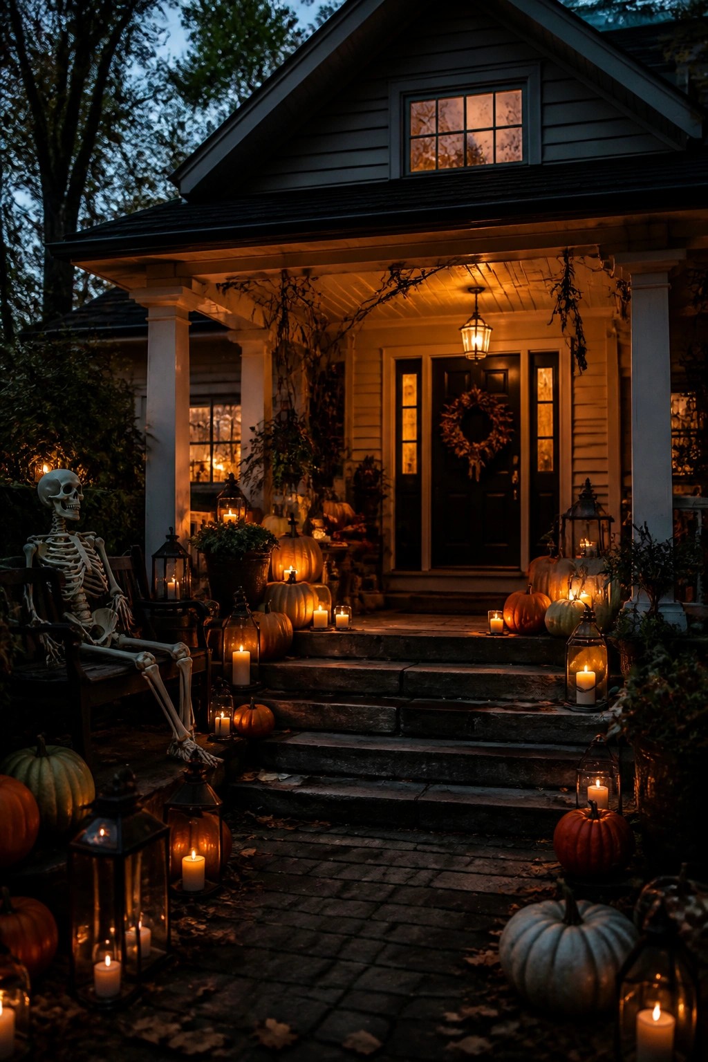 Front porch with a skeleton seated in a chair surrounded by pumpkins and glowing lanterns at night.