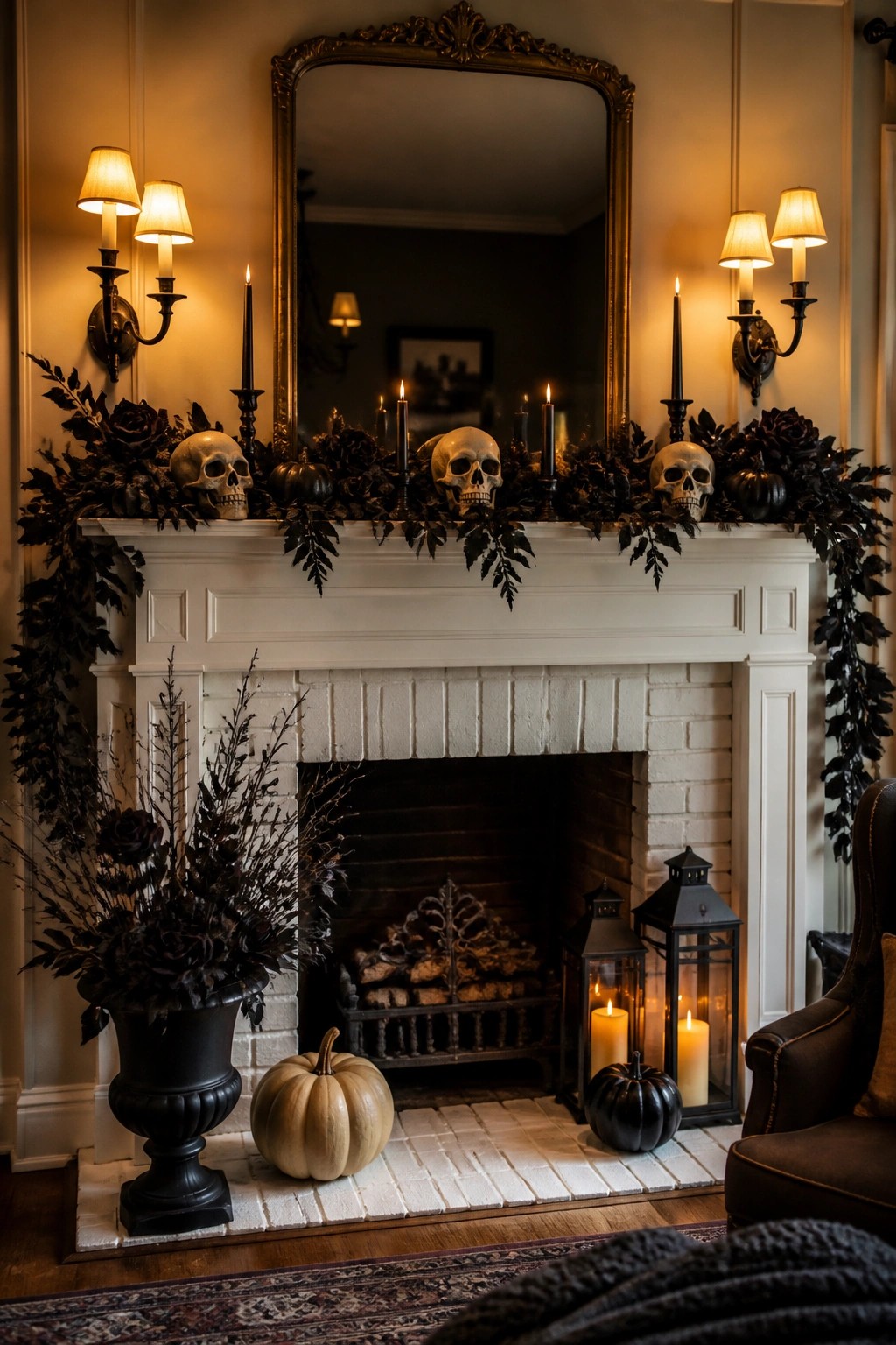 White fireplace mantel decorated with three human skulls, black foliage garland, black candles, and small pumpkins.