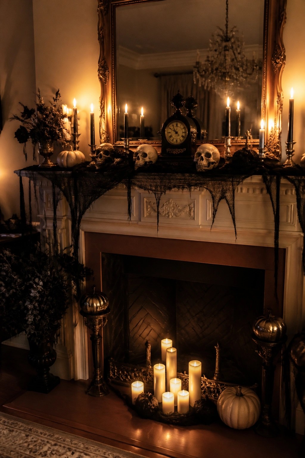 Gothic Halloween mantel with skulls, lit candles, pumpkins, and black spiderwebs.
