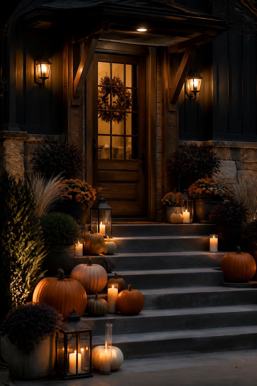 Concrete steps at a house entrance lined with orange pumpkins of various sizes and black lanterns holding lit candles, with potted plants on either side of a wooden door.
