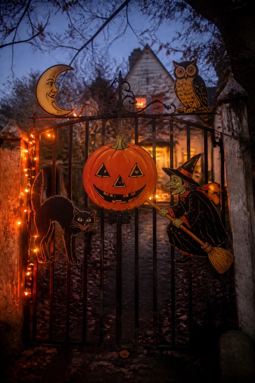 Wrought iron gate at dusk decorated with a large orange jack-o'-lantern cutout, black cat silhouette, witch on broomstick, owl, crescent moon, and string lights.