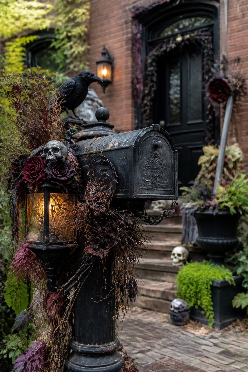 Black mailbox on a post decorated with skulls, dark roses, dried foliage, a perched crow, and a lit lantern outside a brick house entrance.