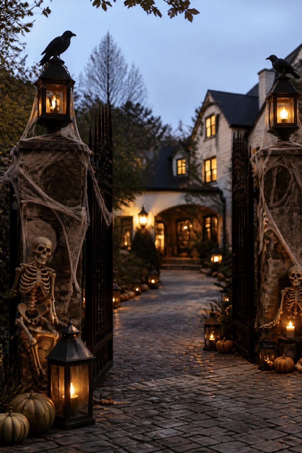 Stone gate posts decorated with seated skeletons, spiderwebs, and black crows perched on glowing lanterns at the entrance to a cobblestone walkway.