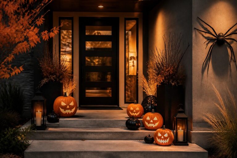 Front porch steps lined with carved jack o lanterns and a tall white ghost figure standing near the door.