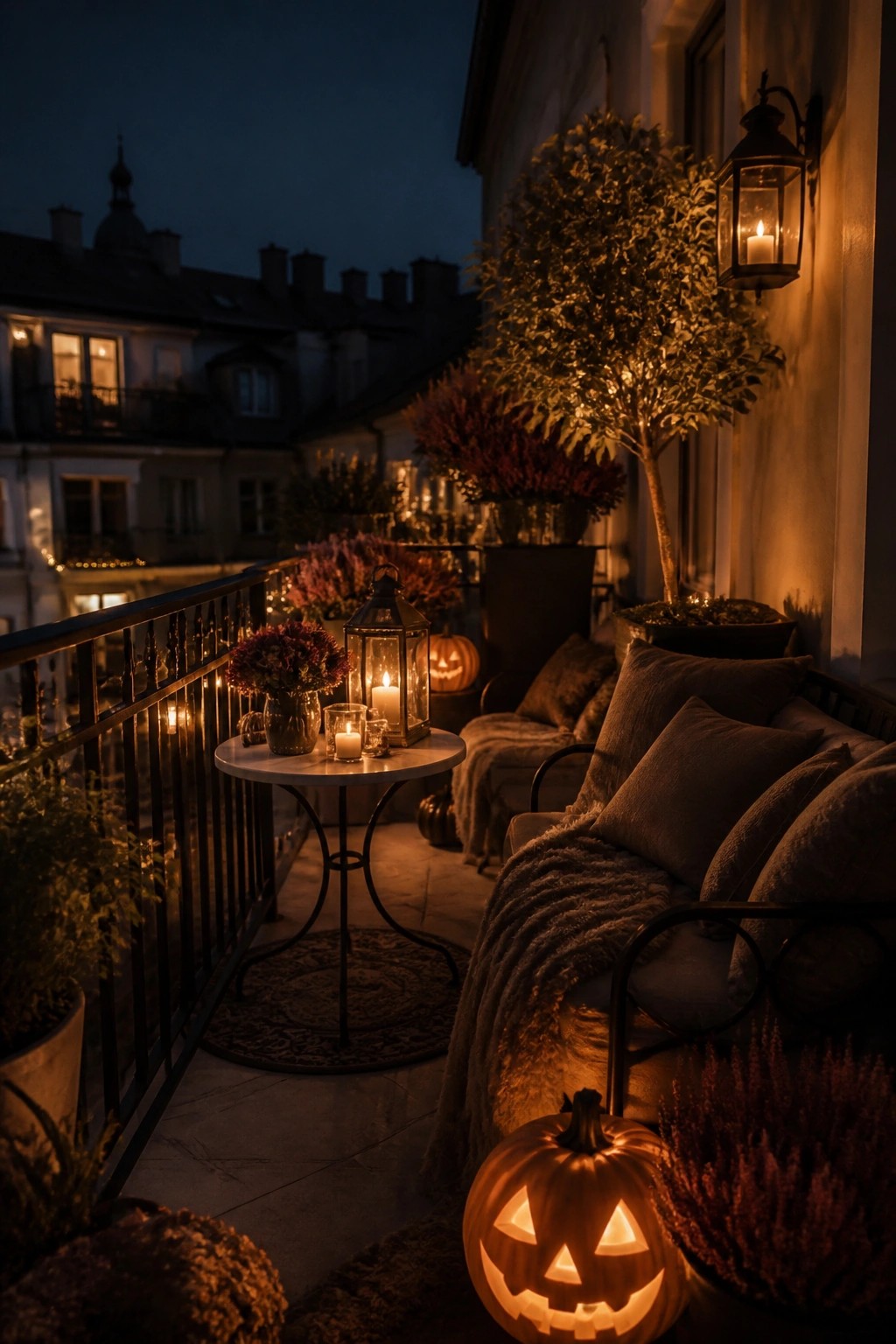 Nighttime balcony with multiple glowing carved jack o lanterns placed on the floor and a small table next to a cushioned bench.