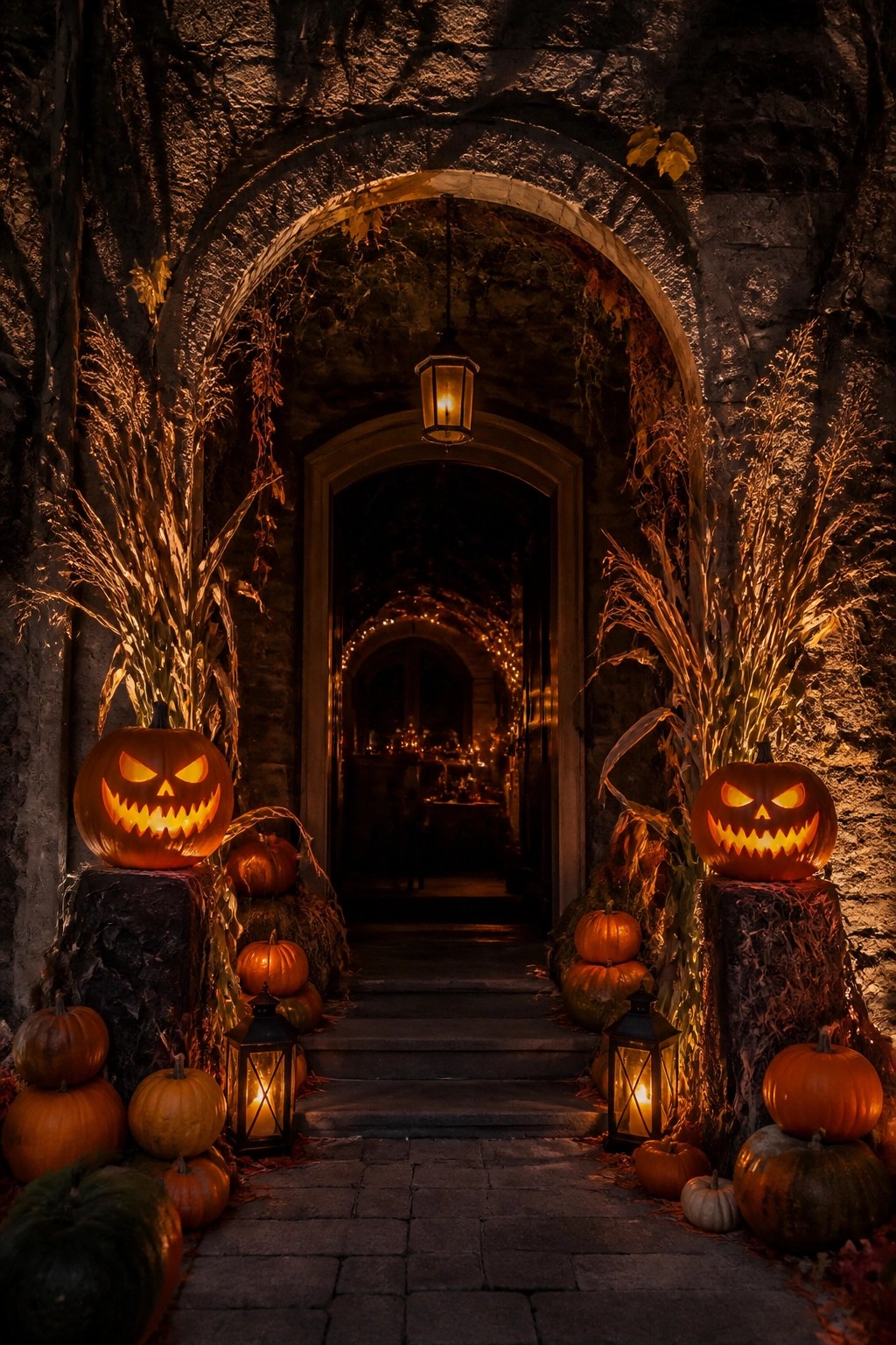 Glowing jack-o'-lanterns and pumpkins flank stone steps under an arched entryway at night.