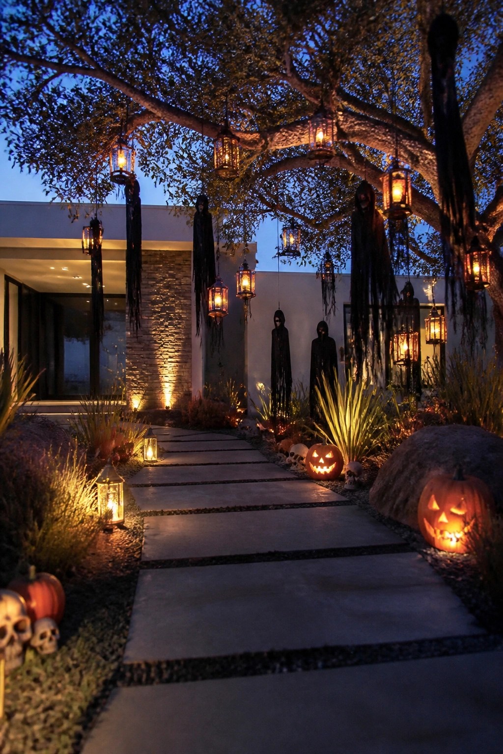 Outdoor stone walkway at dusk with multiple dark ghost figures hanging from tree branches, glowing lanterns suspended overhead, and carved pumpkins placed along the edges.