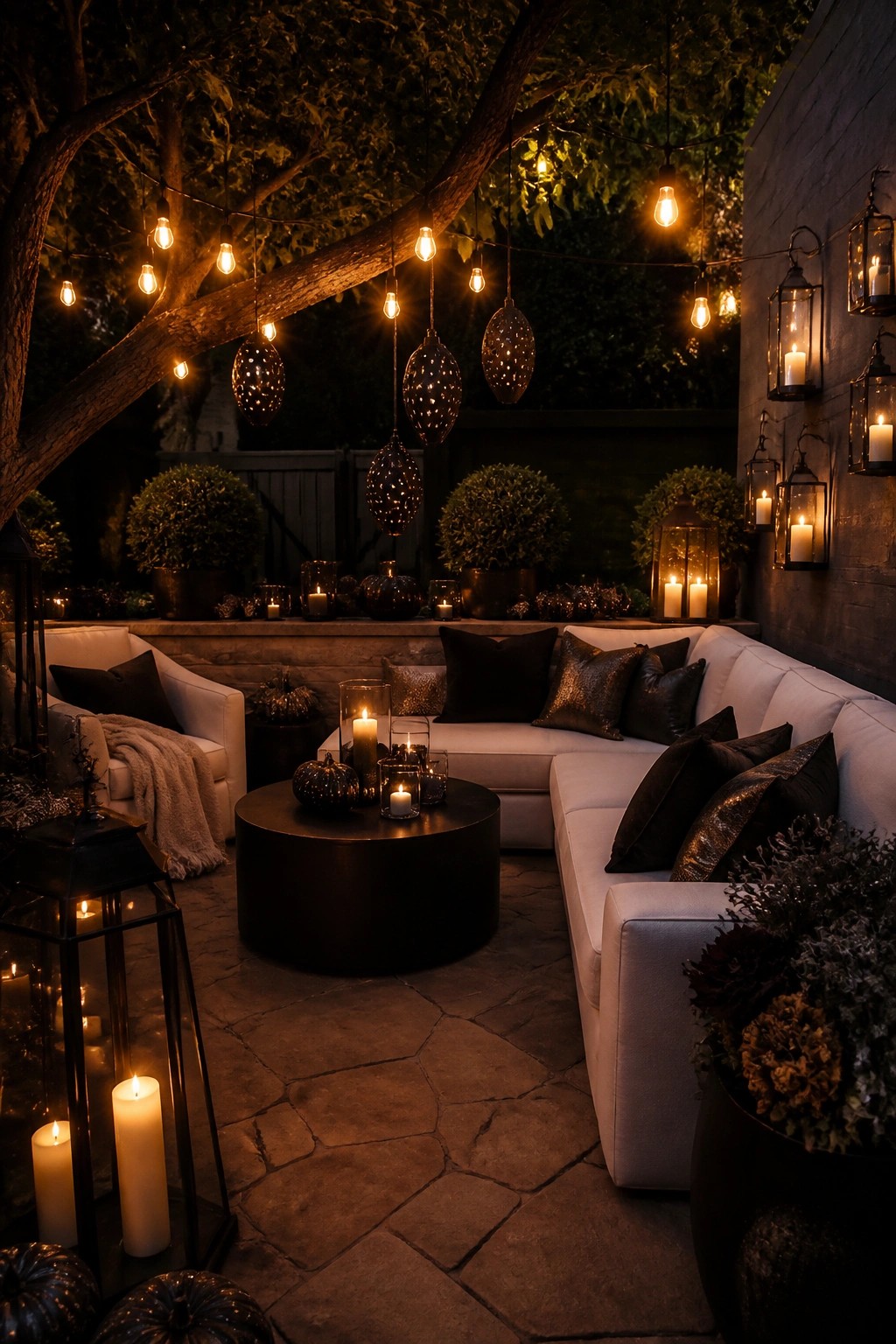 Outdoor patio at night with white sectional sofa, black pillows, pumpkins, string lights overhead, and multiple glowing lanterns.