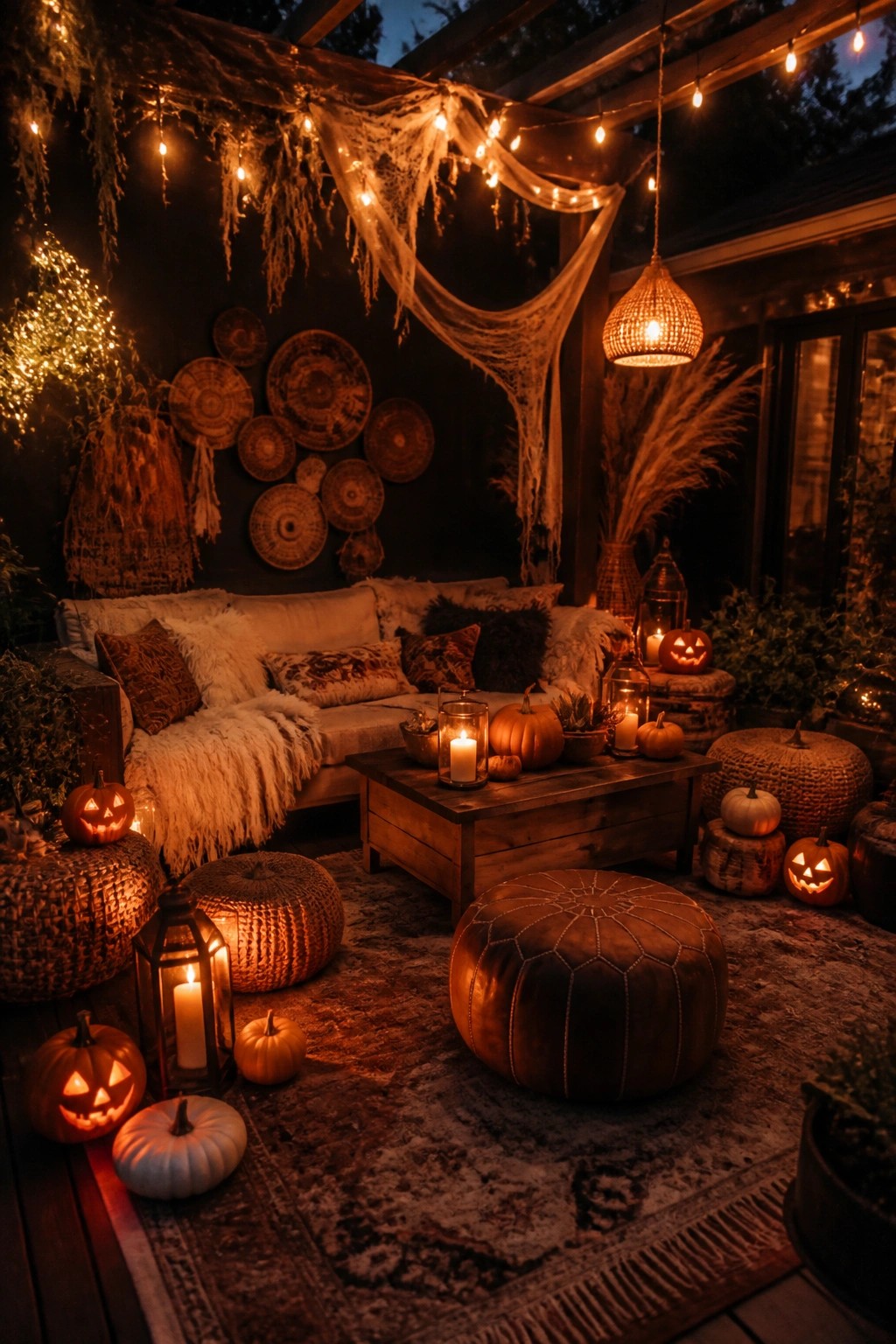 Cozy Halloween patio with string lights, jack-o'-lanterns, lanterns, sofa, and woven poufs