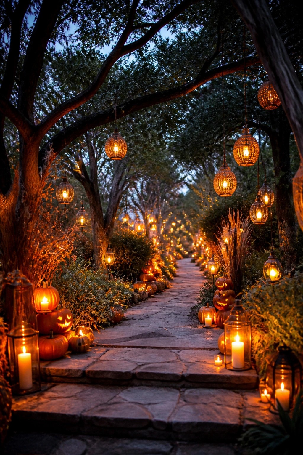 Stone walkway at dusk lined with carved jack-o'-lanterns and glowing hanging lanterns.
