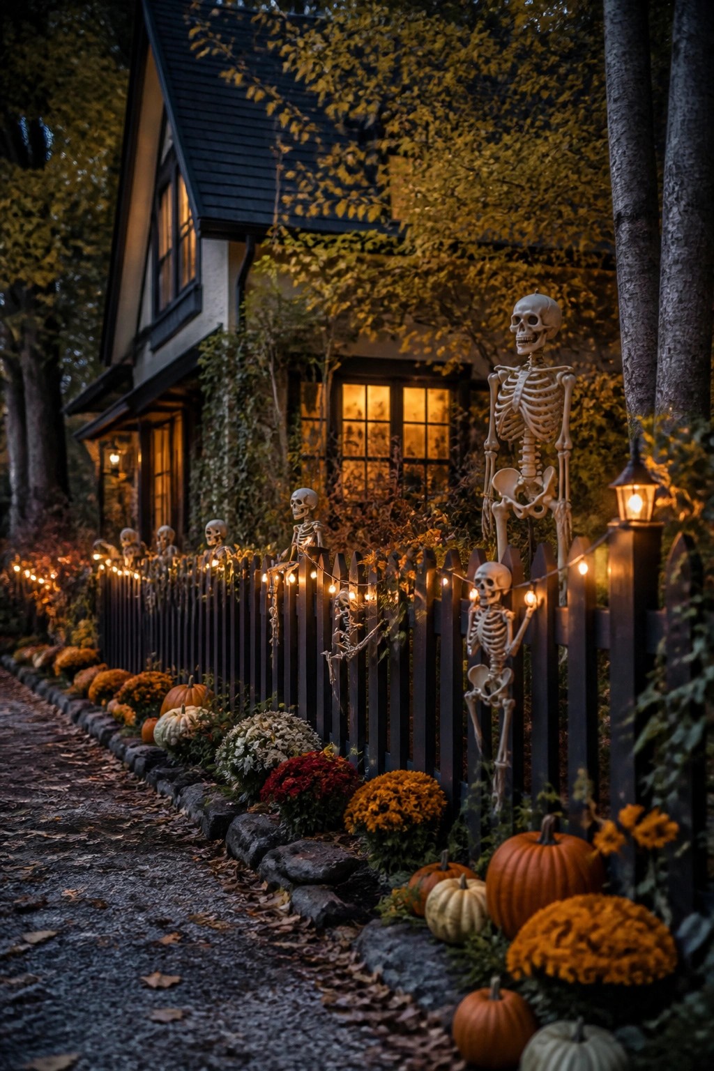 Skeletons perch on a dark fence amid pumpkins, flowers, and glowing string lights