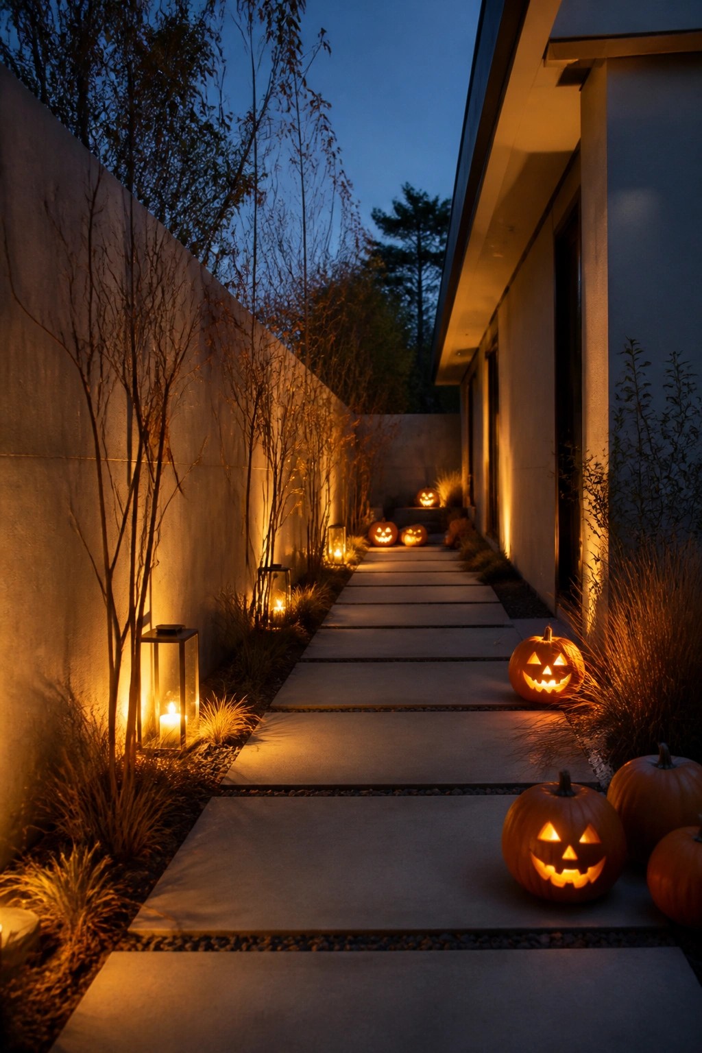 Glowing jack-o'-lanterns and lanterns line a stone path by a modern building at dusk.