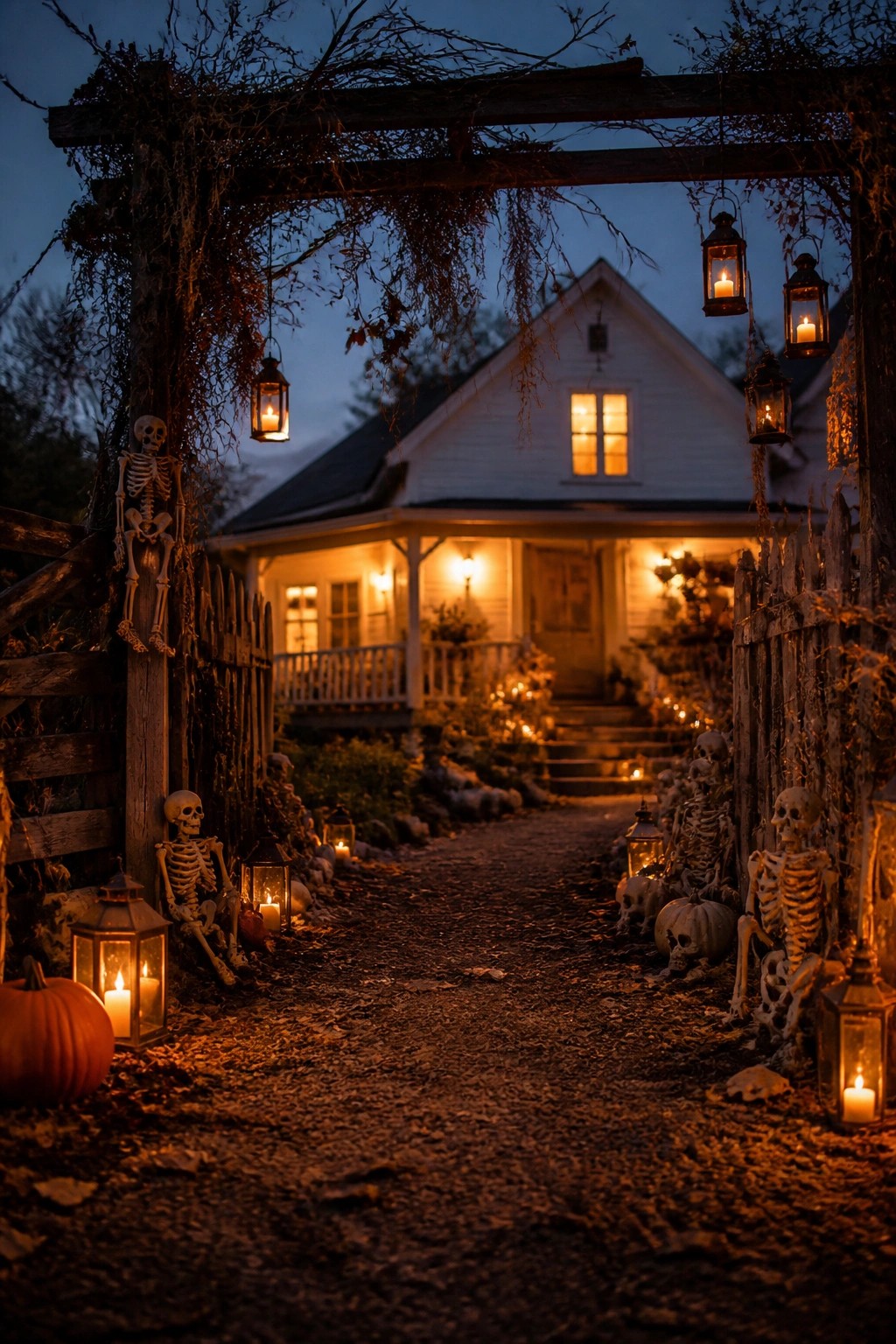 Lanterns and skeletons line path to glowing white house at twilight
