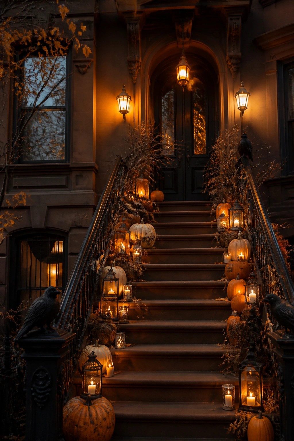 Brownstone stairs lined with glowing pumpkins, lanterns, and black crows at night.
