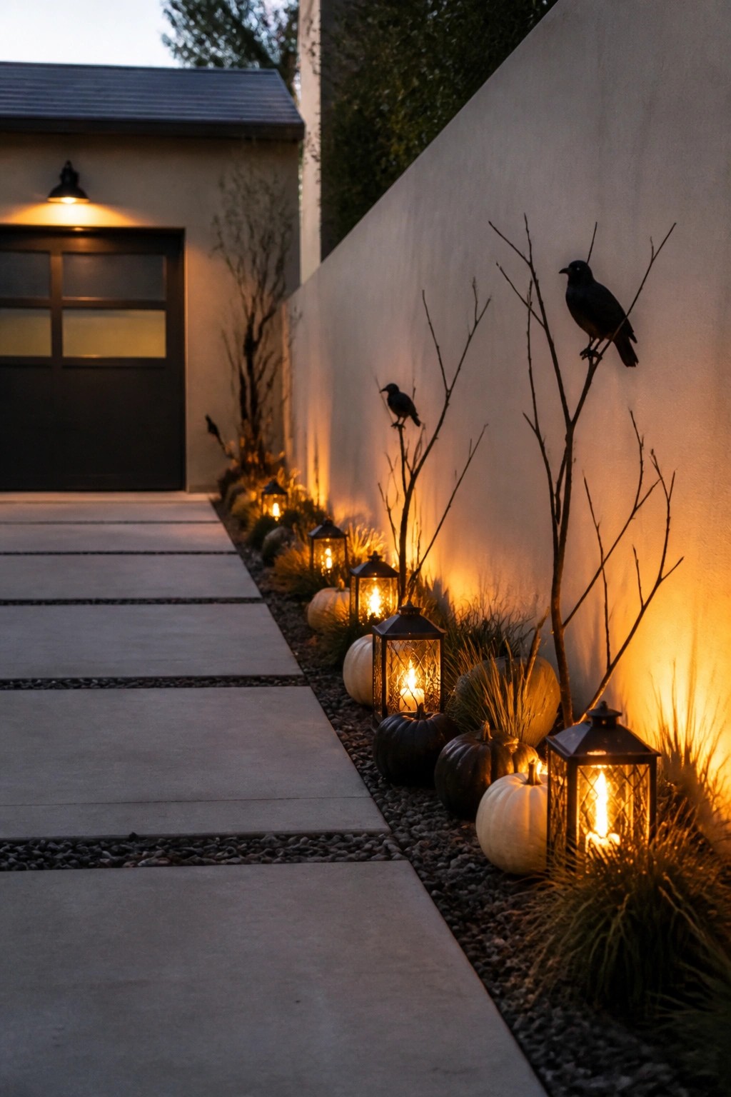Glowing lanterns illuminate pumpkins and bird-perched branches along a twilight pathway.