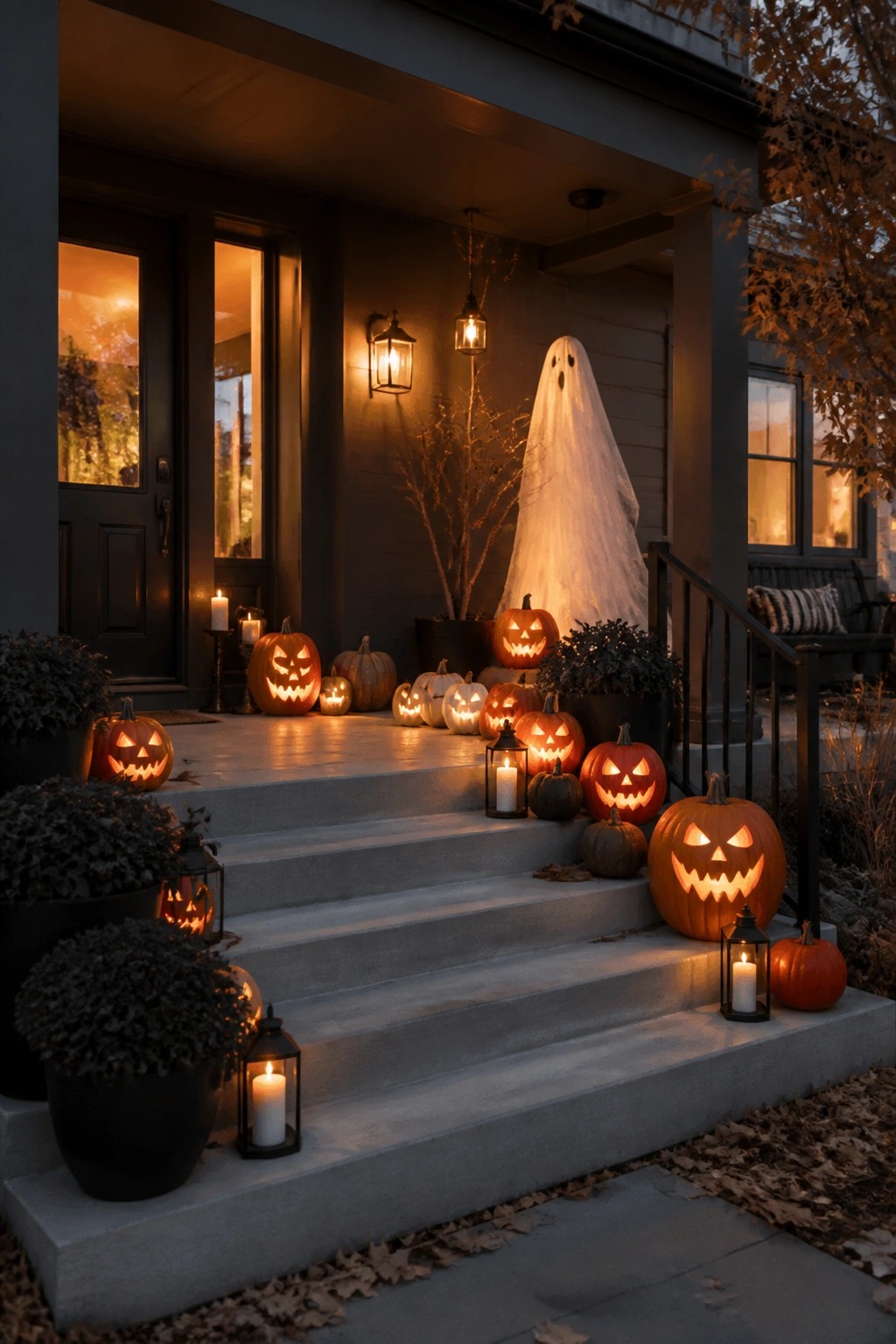 Front porch steps lined with carved jack o lanterns and a tall white ghost figure standing near the door.