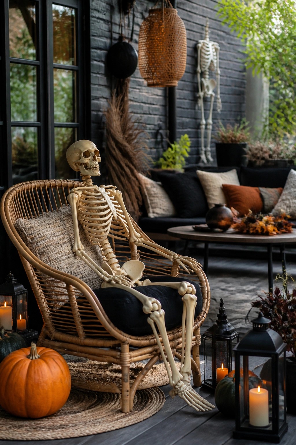 Outdoor patio scene with a full skeleton posed in a wicker chair, surrounded by lit lanterns and orange pumpkins.
