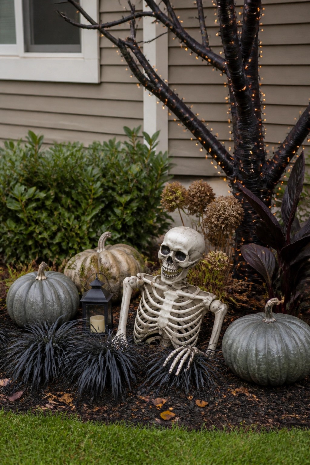 Skeleton seated amid gray pumpkins, lantern, and string-lit tree in garden