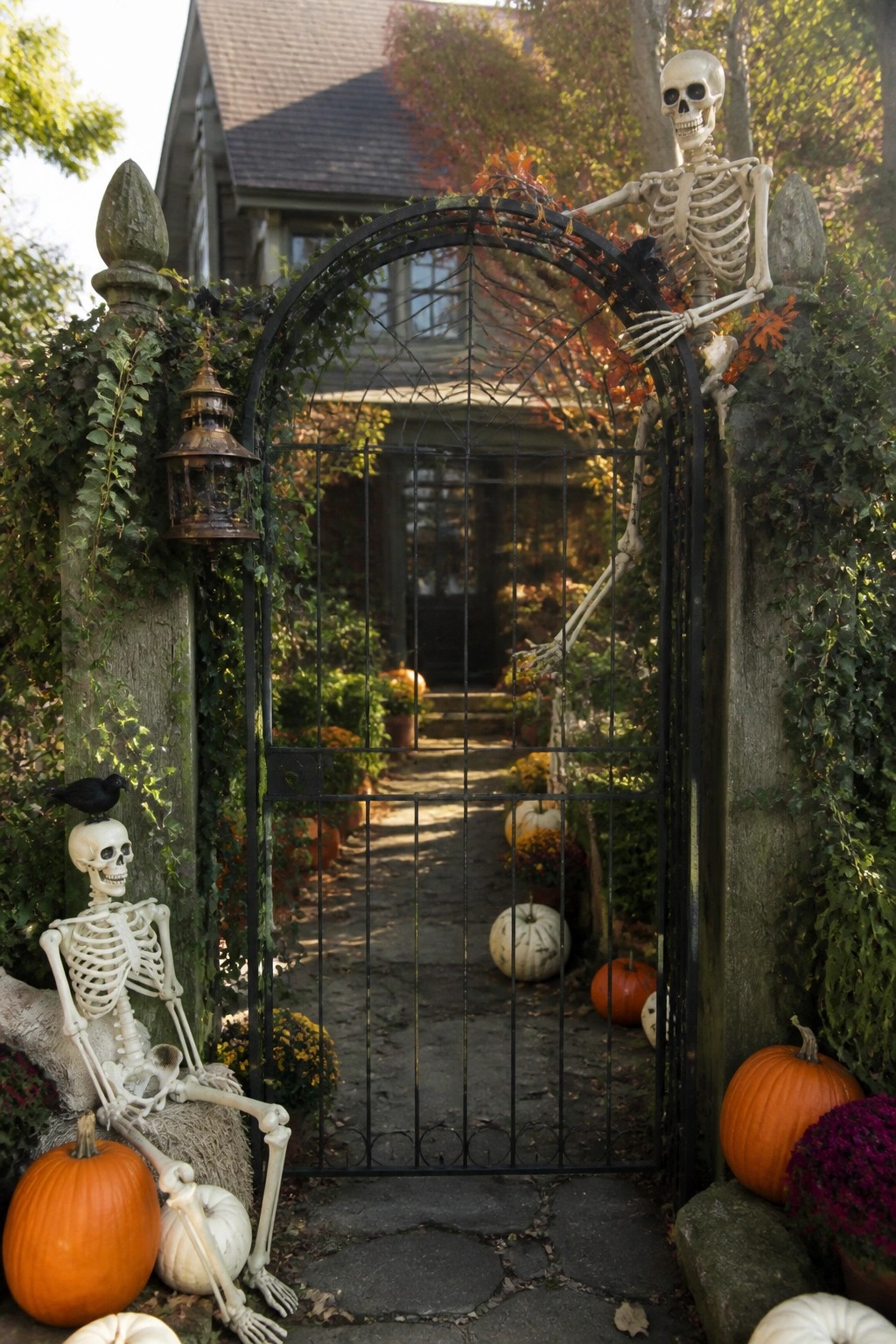 Black metal gate with spiderwebs and two life-sized skeletons, one leaning on the post and one seated at the base with pumpkins nearby.