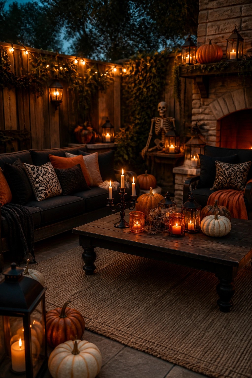 Outdoor patio at dusk with a skeleton figure positioned near a stone fireplace, surrounded by lit lanterns, candles, and pumpkins on a wooden coffee table and surrounding seating.