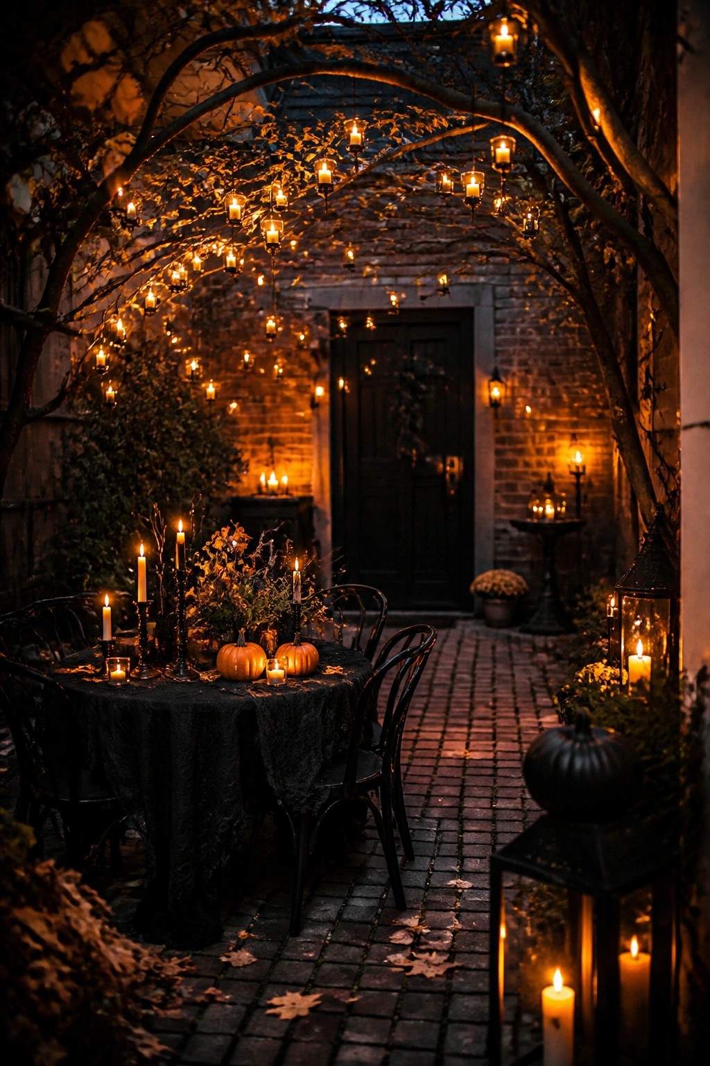 Outdoor brick walkway with a black-covered dining table holding small pumpkins and candles beneath hanging string lights.