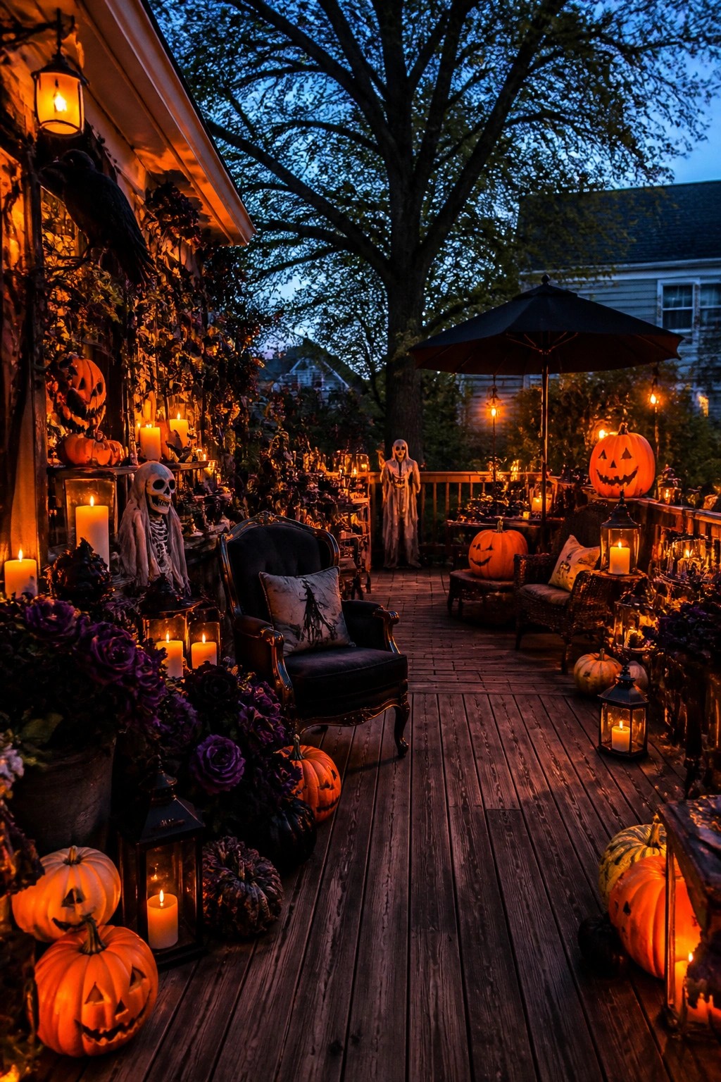 Wooden deck porch decorated with multiple skeleton figures, white ghosts, carved jack o lanterns, and lanterns at dusk.