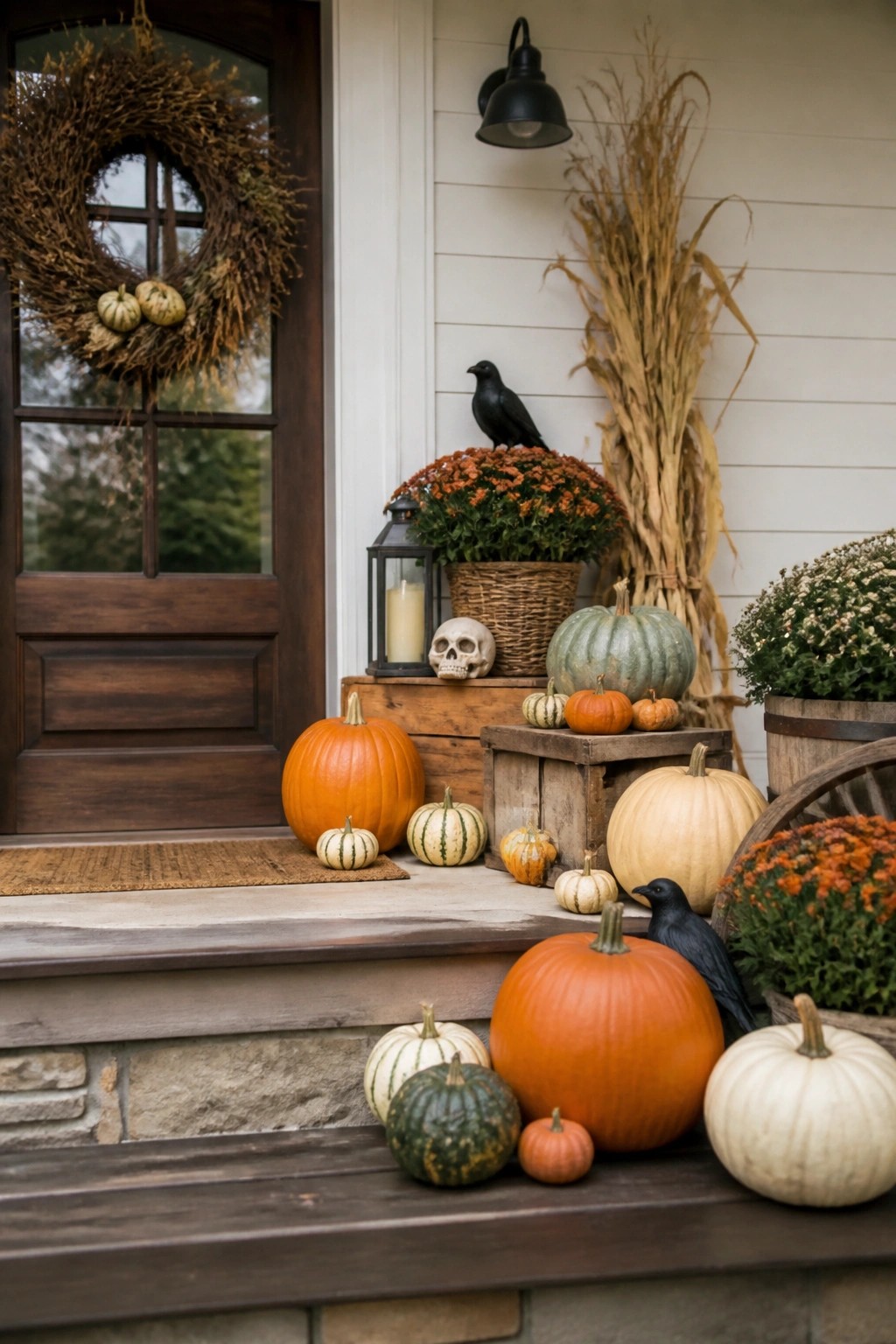 Front porch steps decorated with orange and white pumpkins, skulls, black crows, mums, and wooden crates.