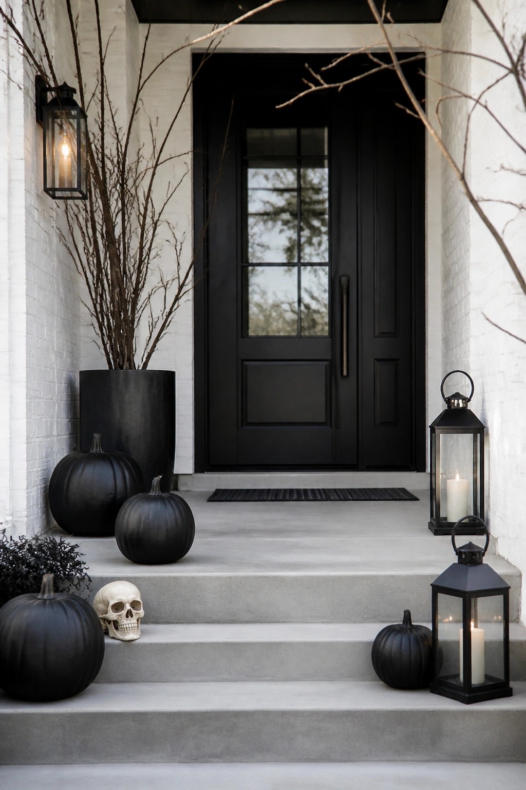 Concrete porch steps lined with black pumpkins, a white skull, and black lanterns beside a dark front door.