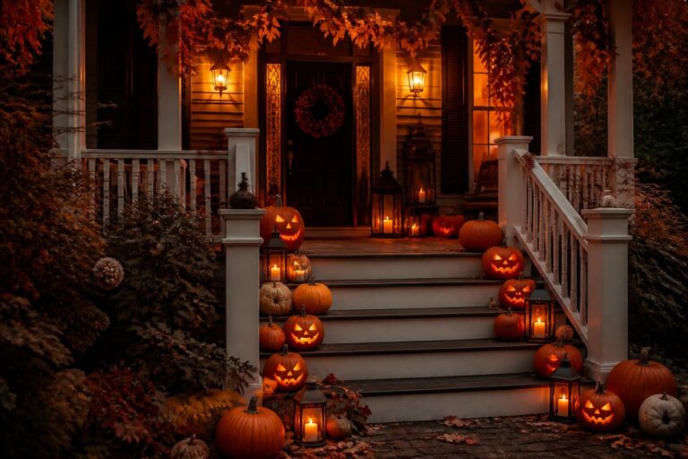 23 Budget-Friendly DIY Outdoor Halloween Decor Ideas to Try Front porch steps lined with carved jack o lanterns and black lanterns at night, with a wreath on the dark door.