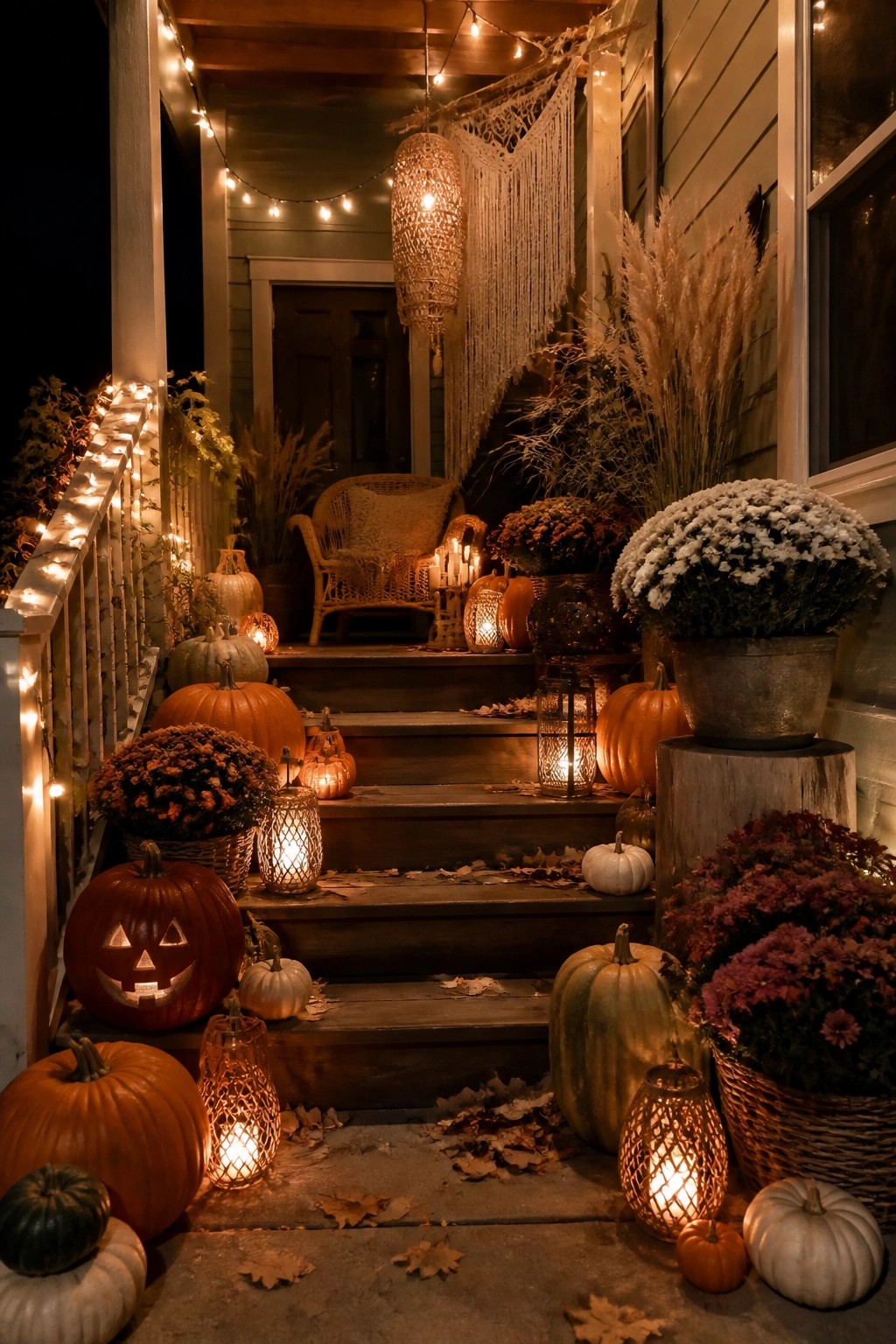 Front porch steps lined with carved jack o'lanterns and small lanterns at night.