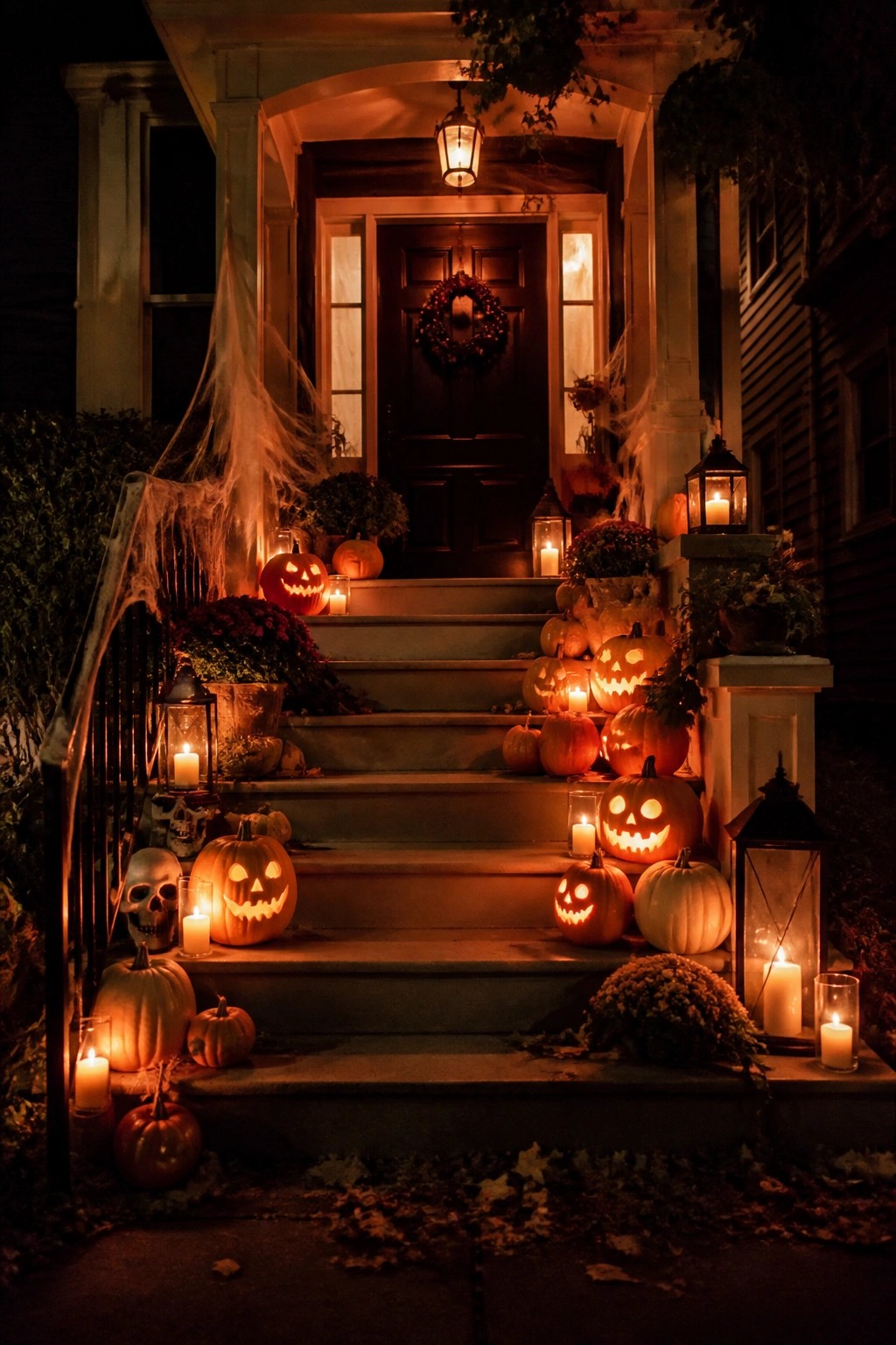Front porch steps lined with carved jack-o'-lanterns, candles, and lanterns at night.