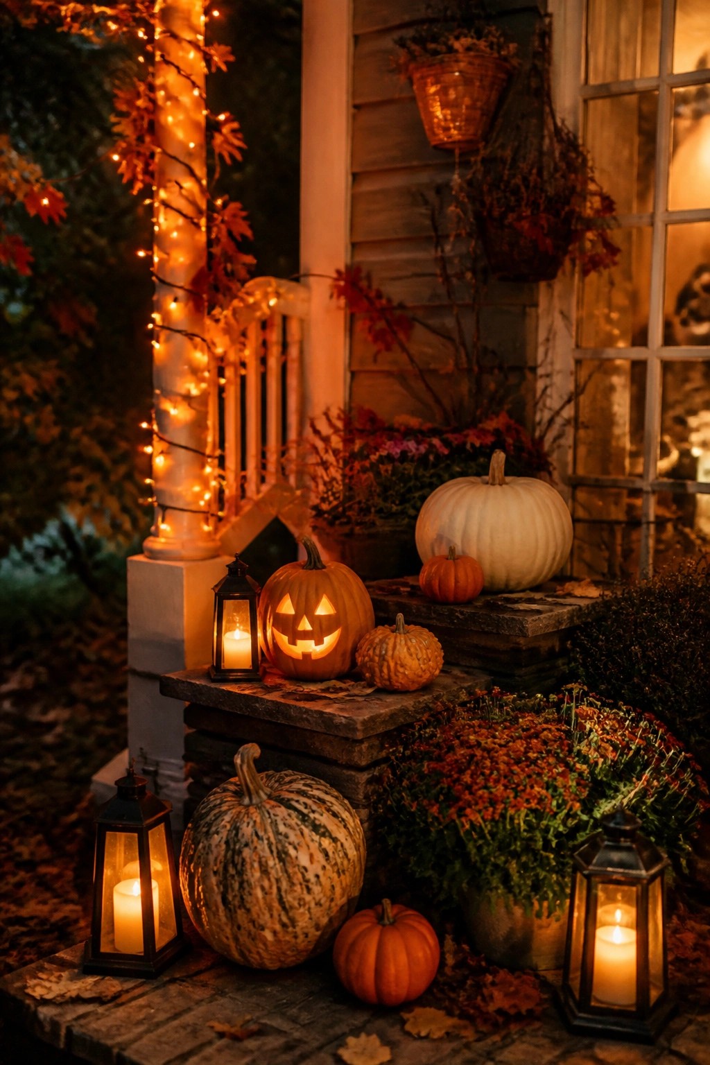Front porch steps decorated with several lit jack-o'-lanterns, whole pumpkins, and lanterns at night.