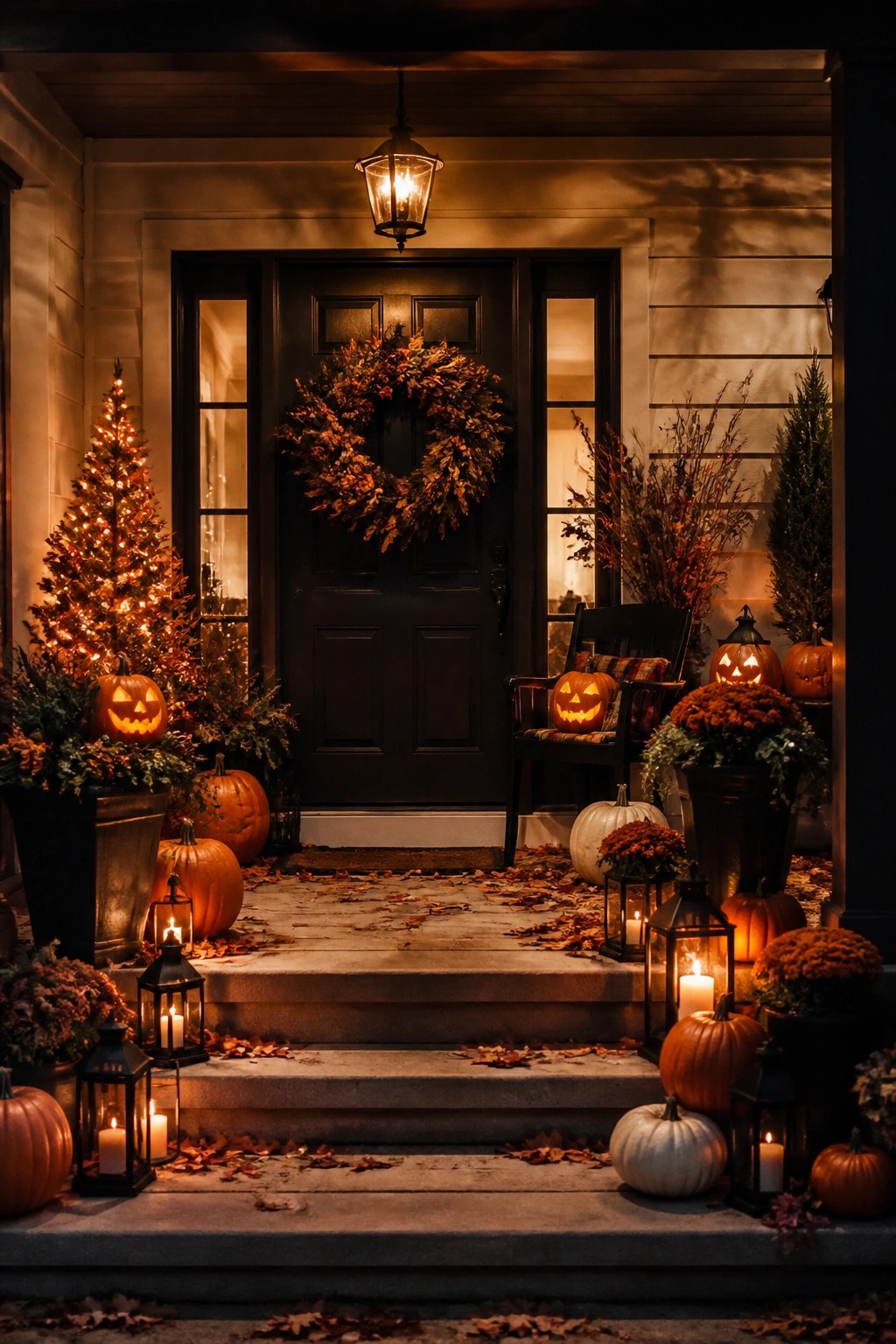 Front porch steps lined with carved jack o lanterns and black lanterns at night, with a wreath on the dark door.