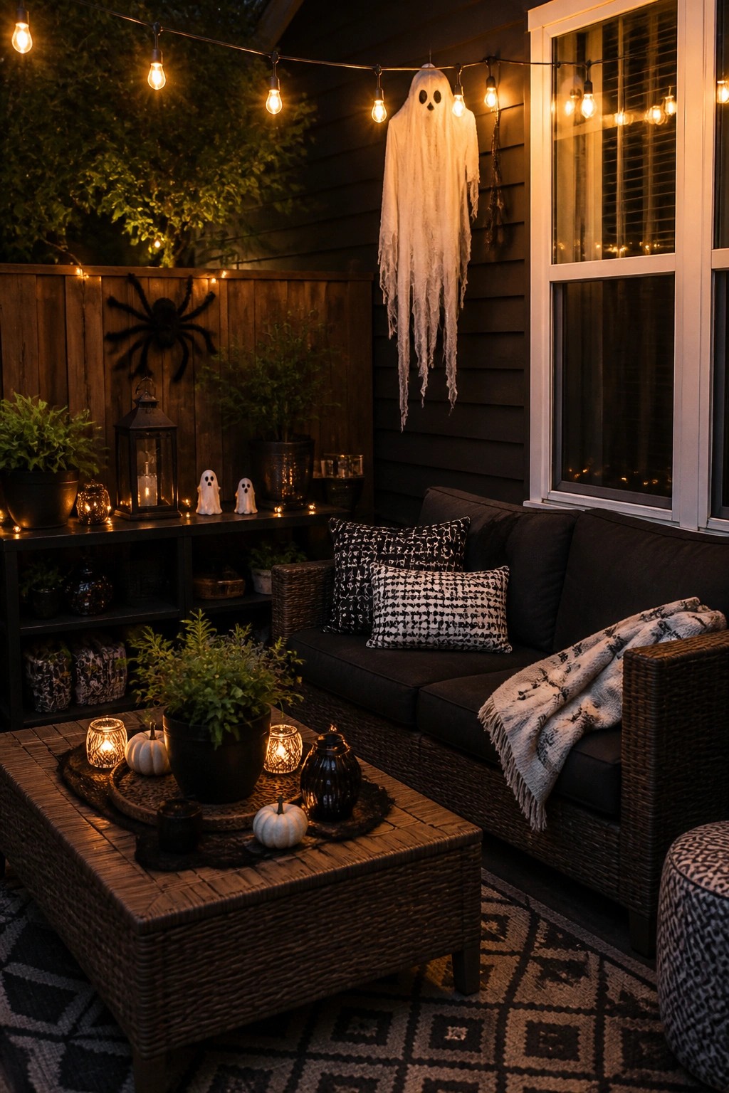 Outdoor patio at night with a large white fabric ghost hanging from the ceiling above a dark wicker sofa, string lights, and smaller ghost figures on a nearby shelf.