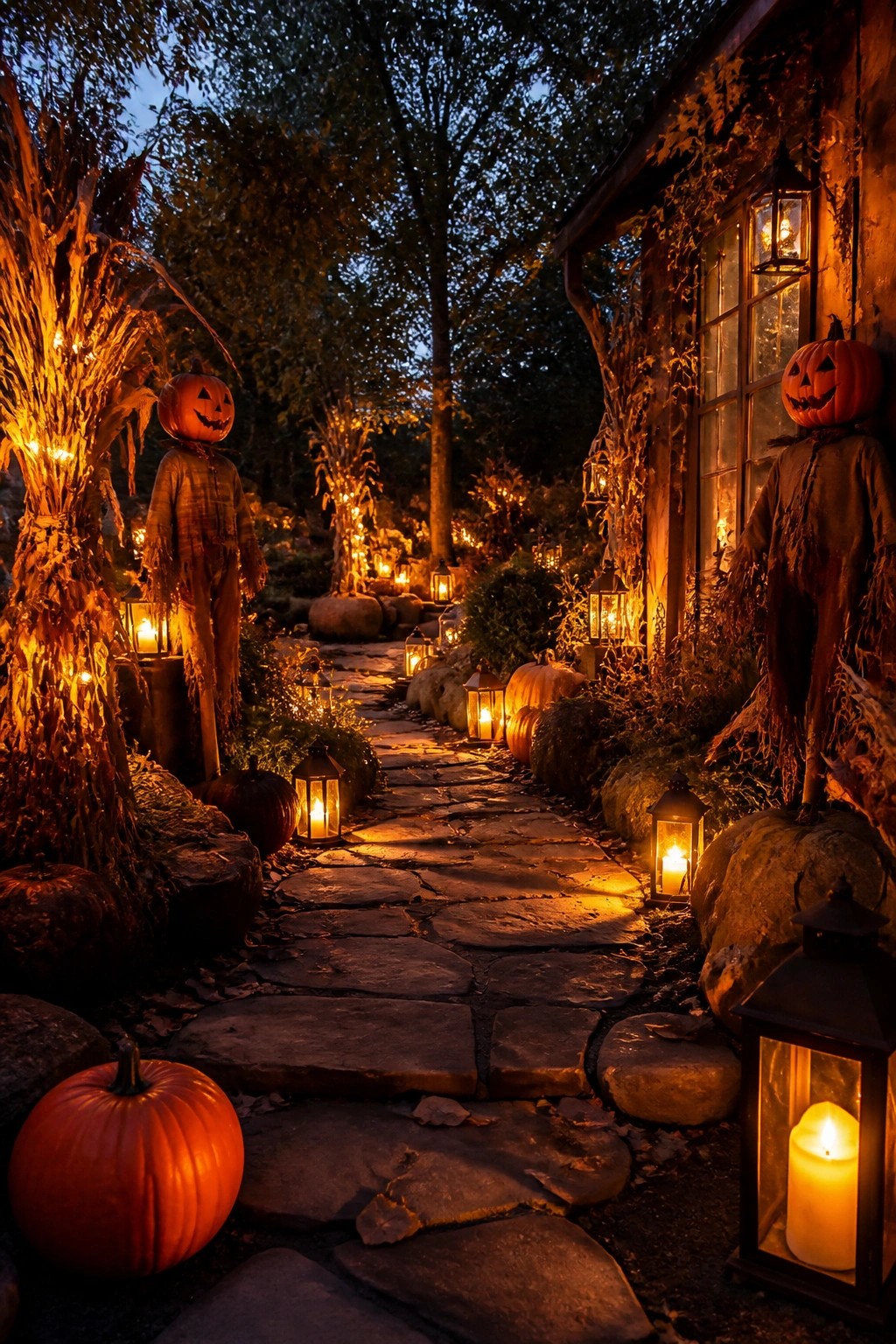 Stone walkway lined with glowing lanterns and pumpkin topped scarecrow figures next to a house at dusk.