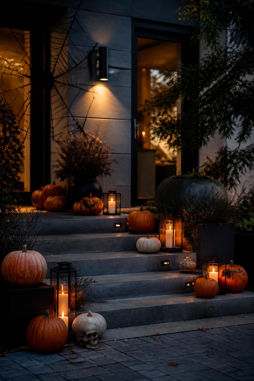 Front steps of a modern home lined with orange and white pumpkins, black lanterns with lit candles, and a large spiderweb on the window.