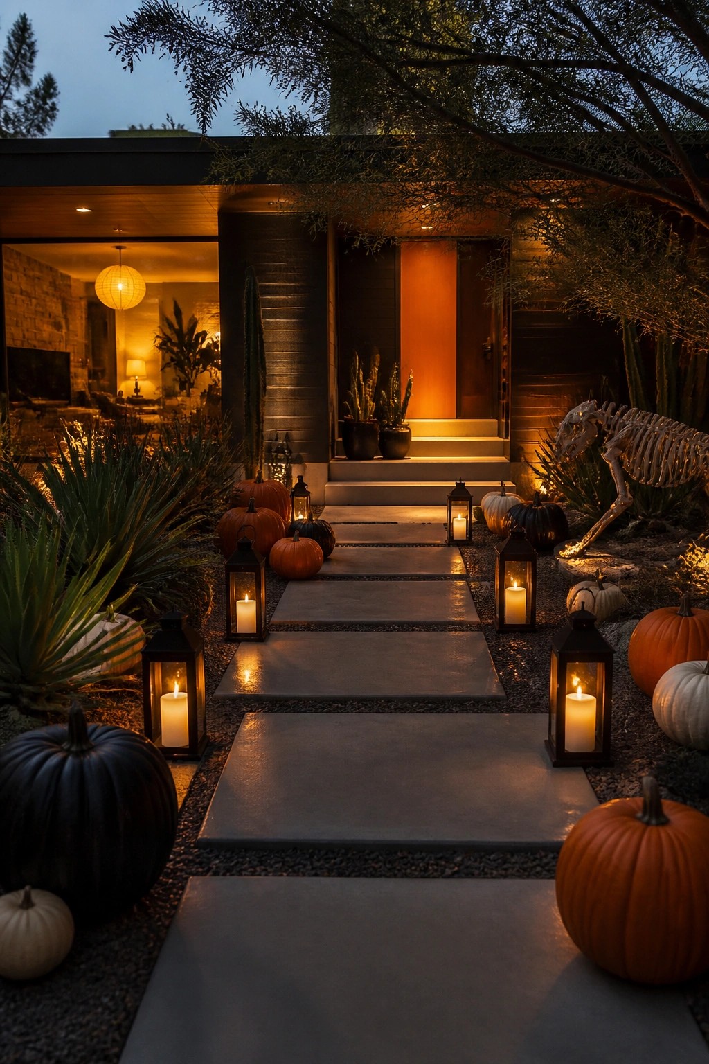 Lanterns, pumpkins, and skeleton line stone path to warmly lit modern house at night