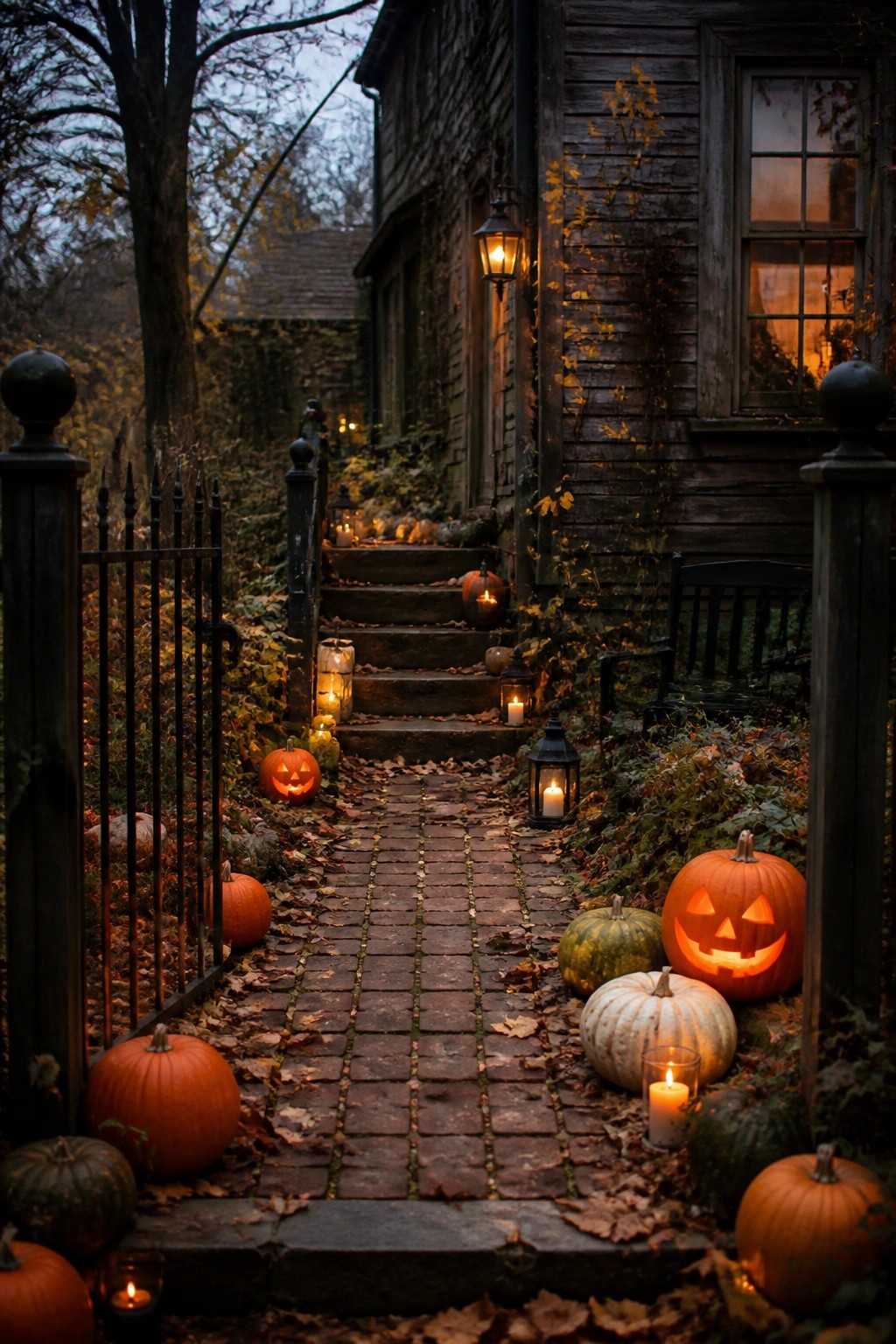 Brick walkway lined with carved and lit jack o lanterns leading to the front steps of a wooden house at dusk.