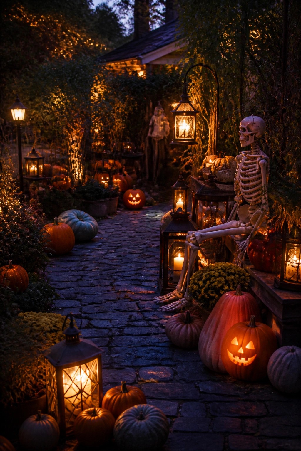 Outdoor cobblestone walkway decorated with a posed skeleton, glowing jack o lanterns, and multiple lanterns at dusk.
