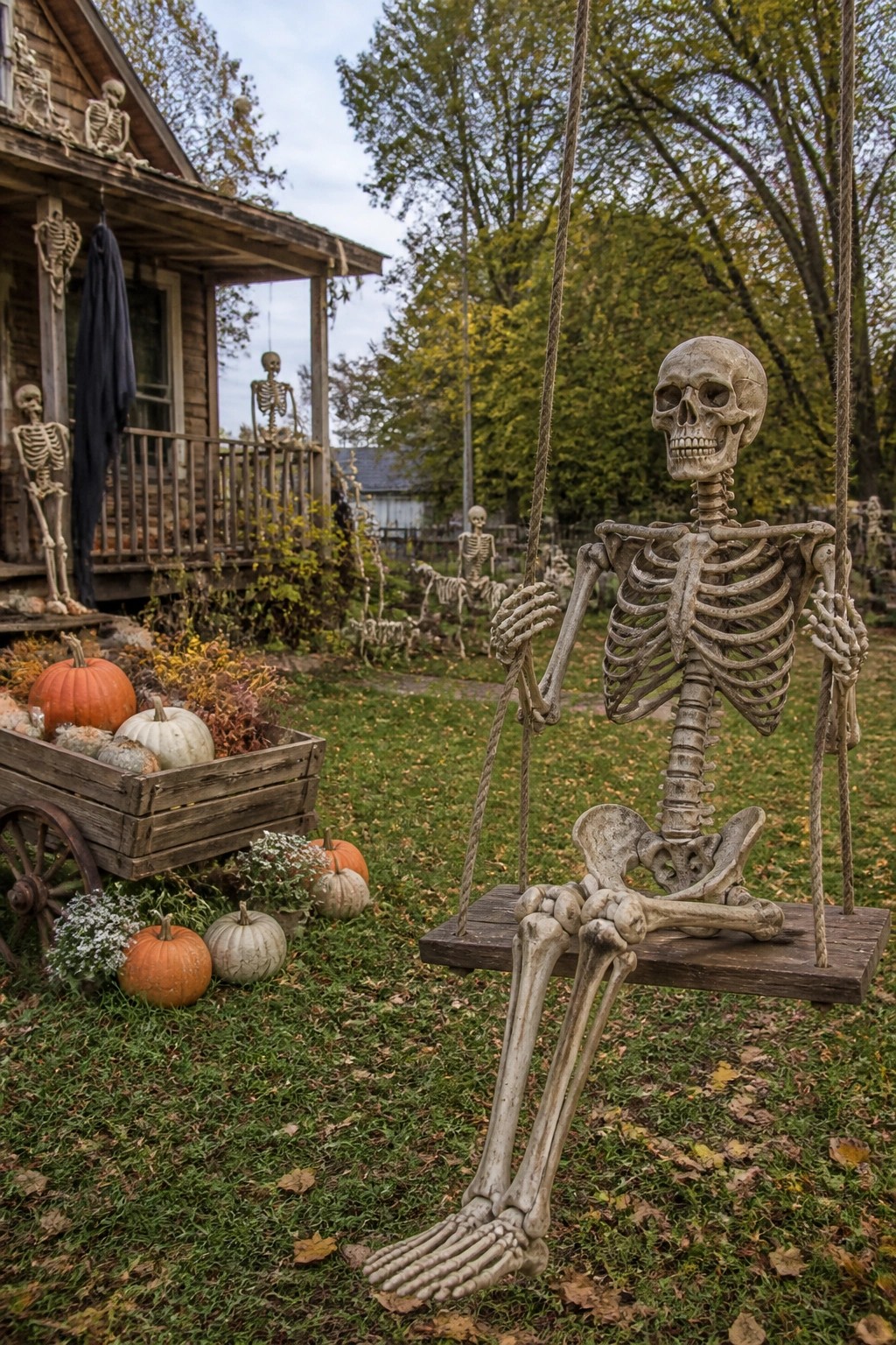 A skeleton posed on a wooden swing in a grassy yard with additional skeletons on a house porch and pumpkins in a wooden wagon nearby.