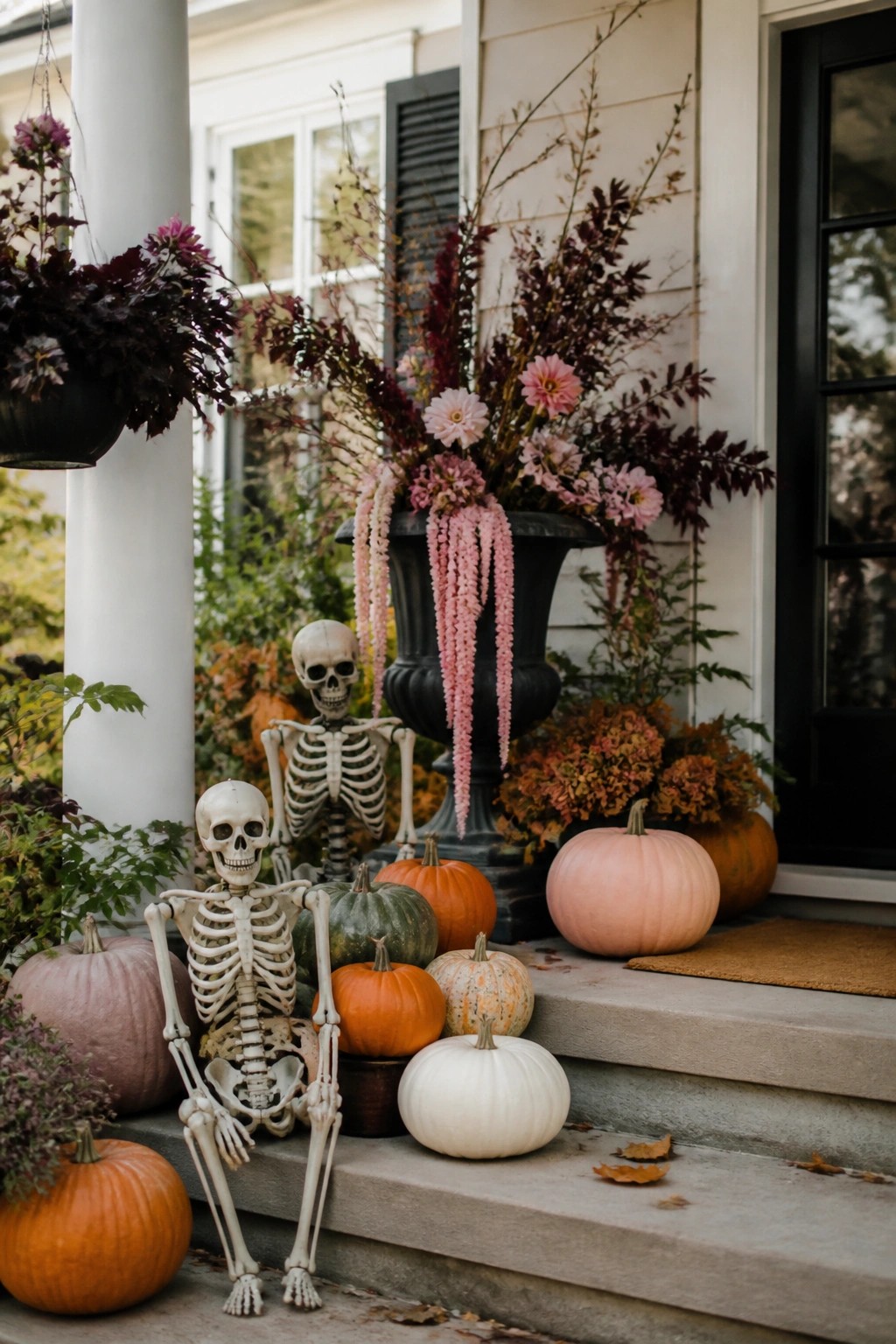 Front porch steps decorated with two posed plastic skeletons surrounded by white, orange, and green pumpkins.