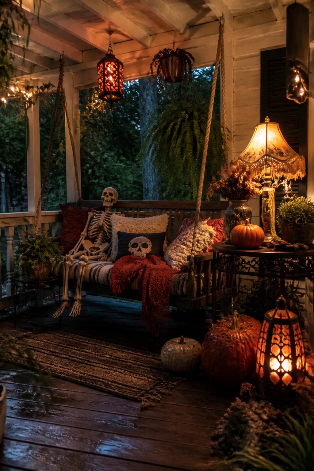 Front porch swing with a seated skeleton surrounded by pillows, a red blanket, pumpkins, and lanterns.