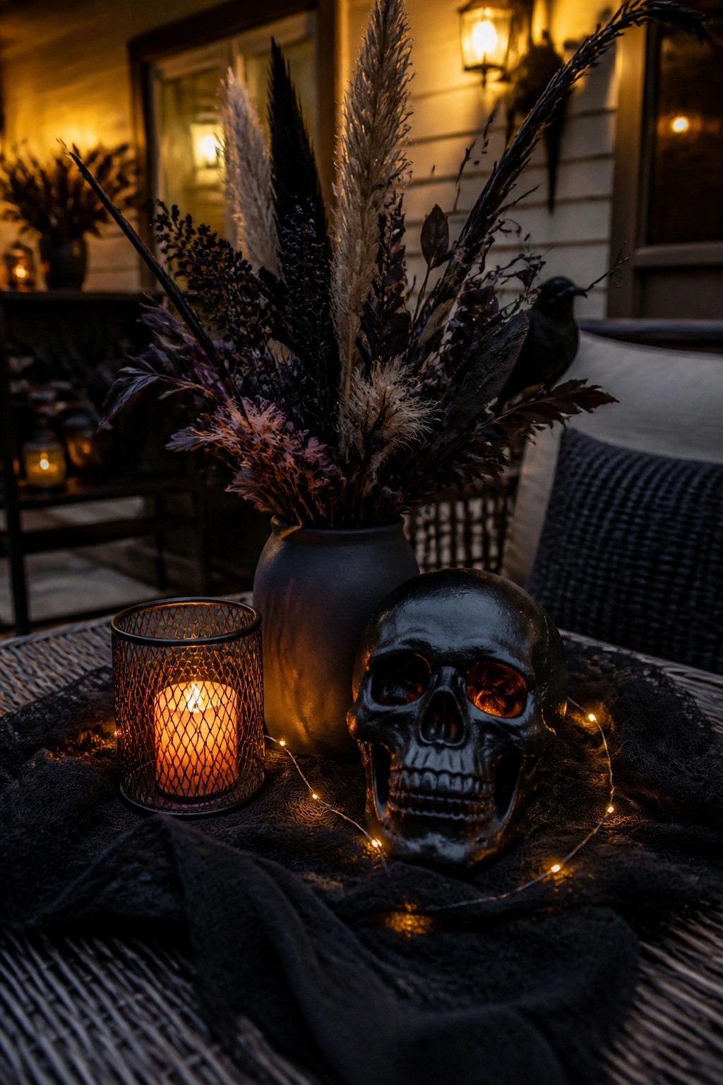 Black skull centerpiece on an outdoor table with a lit candle in a wire holder, string lights, and a vase of dark dried grasses and leaves.