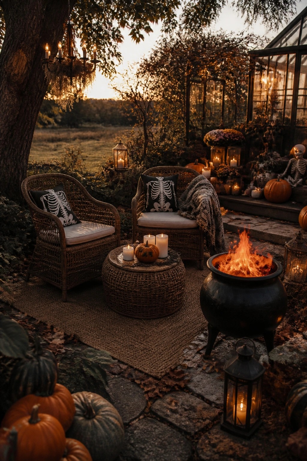 Outdoor patio with two wicker chairs holding black skeleton pillows, a woven table with candles and a small pumpkin, and a large black cauldron fire pit nearby.