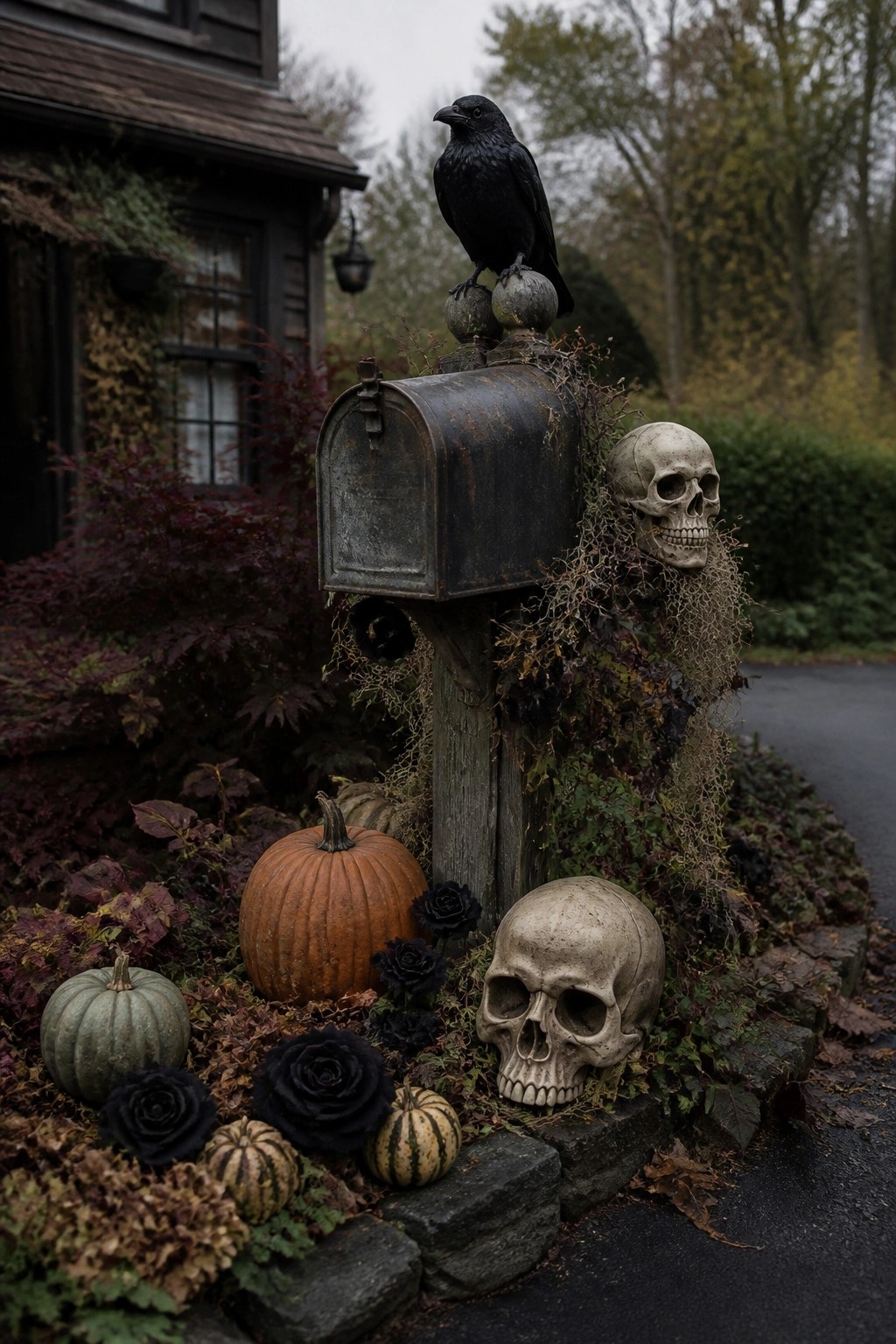 Rusty mailbox topped by black crow, surrounded by skulls, pumpkins, and black roses.