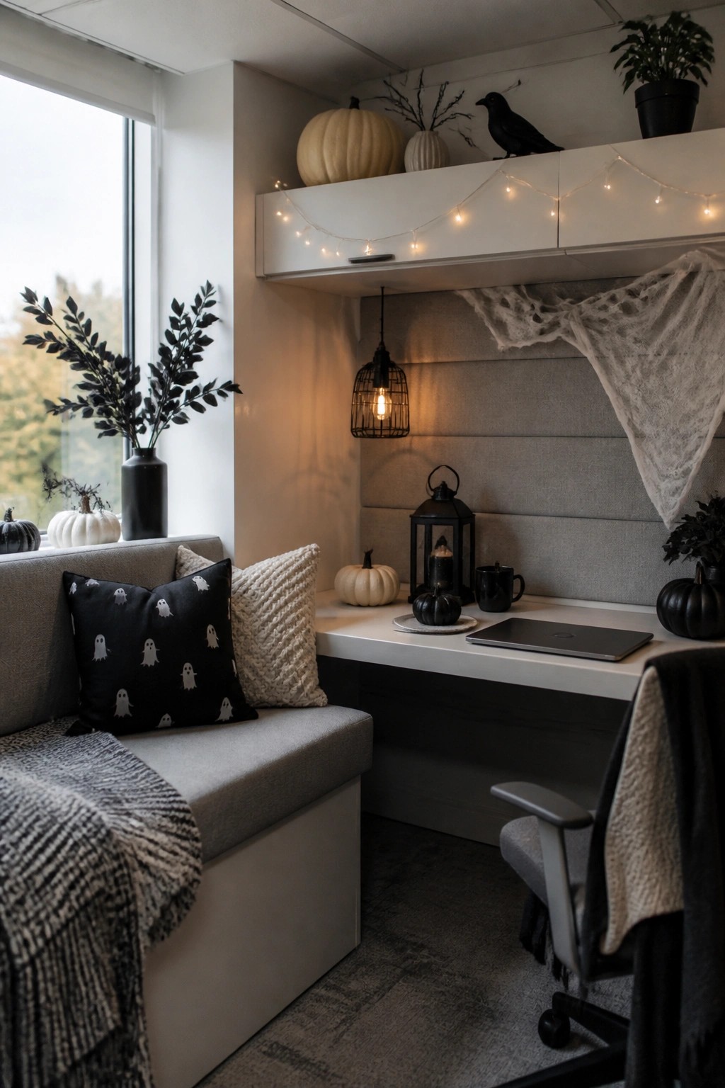 Office nook with gray bench, black ghost pillow, draped spiderweb, black lantern, and small pumpkins on a built-in desk.