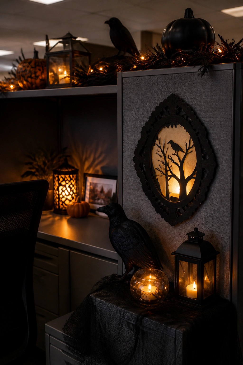 Halloween office cubicle with black crows, pumpkins, glowing lanterns, and string lights.